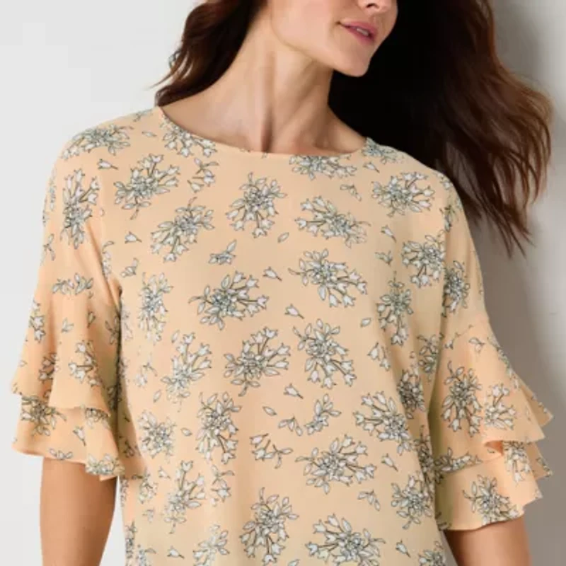 Liz Claiborne Womens Round Neck Elbow Sleeve Blouse