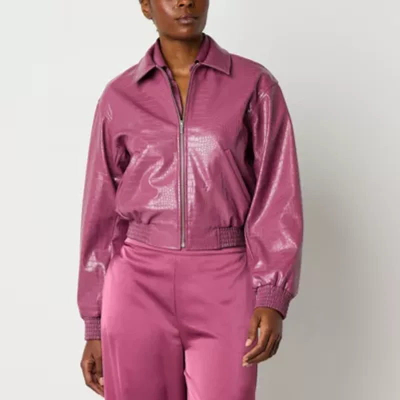 Worthington Womens Faux Leather Midweight Bomber Jacket