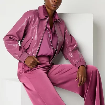 Worthington Womens Faux Leather Midweight Bomber Jacket