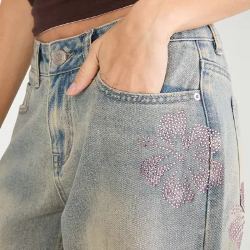 AEROPOSTALE Hibiscus Rhinestone Womens Juniors Low Rise Loose Fit Jean