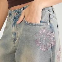 AEROPOSTALE Hibiscus Rhinestone Womens Juniors Low Rise Loose Fit Jean