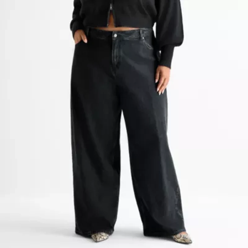 Ashley Graham Slouchy Womens Plus High Rise Wide Leg Jean