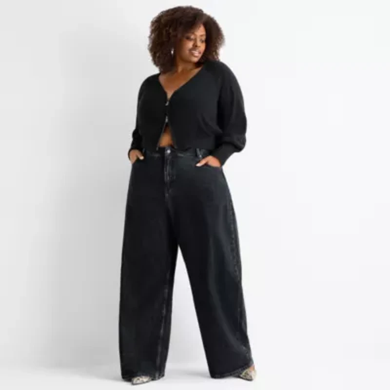 Ashley Graham Slouchy Womens Plus High Rise Wide Leg Jean