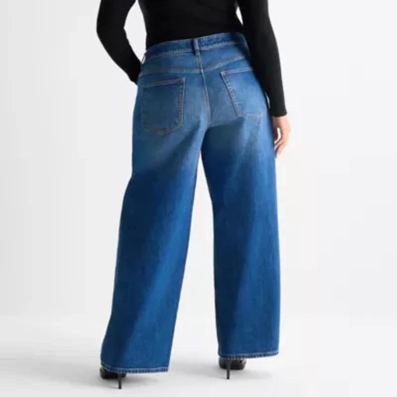Ashley Graham Slouchy Womens Plus High Rise Wide Leg Jean