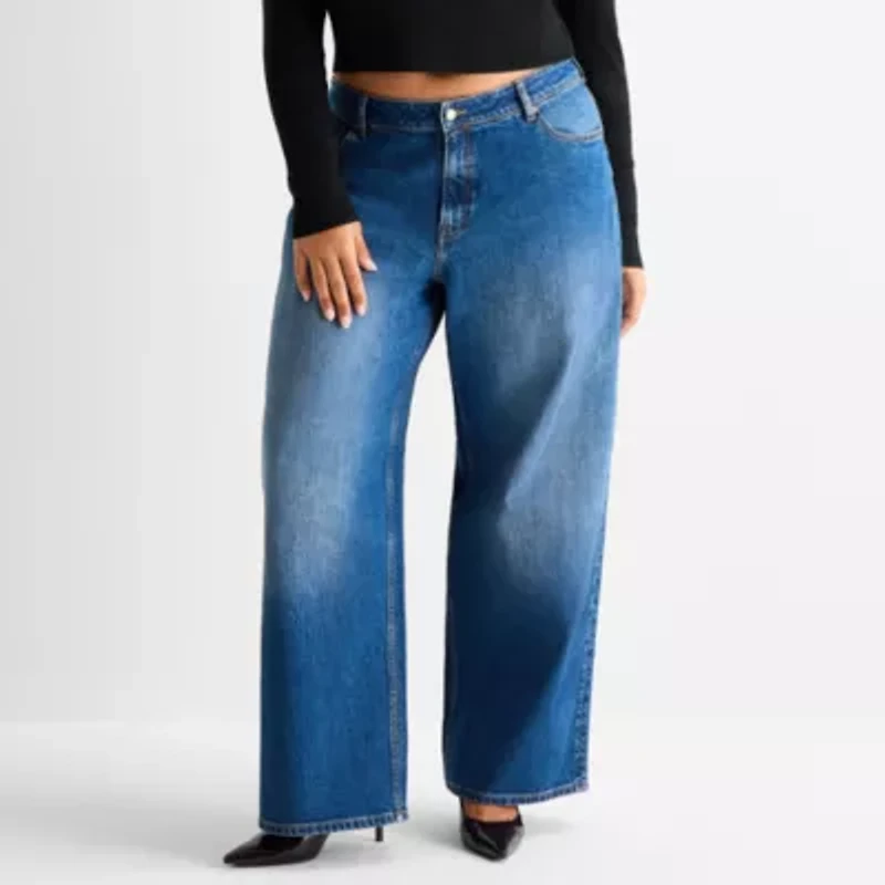 Ashley Graham Slouchy Womens Plus High Rise Wide Leg Jean