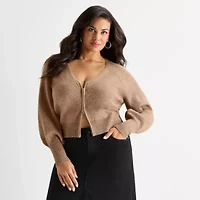 Ashley Graham Womens Plus Blouson Sleeve Zip Front Cardigan