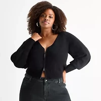 Ashley Graham Womens Plus Blouson Sleeve Zip Front Cardigan