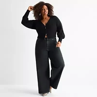 Ashley Graham Womens Plus Blouson Sleeve Zip Front Cardigan