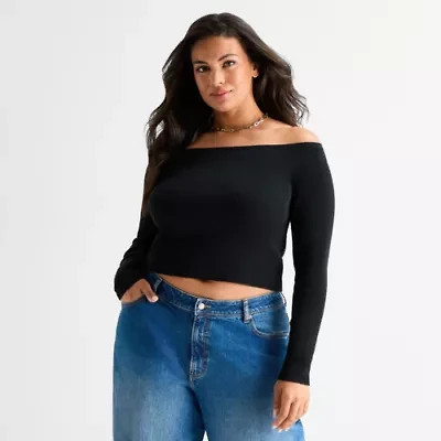 Ashley Graham Womens Plus Off the Shoulder Long Sleeve Top