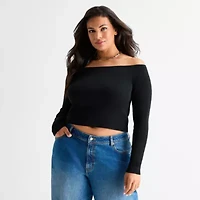 Ashley Graham Womens Plus Off the Shoulder Long Sleeve Top