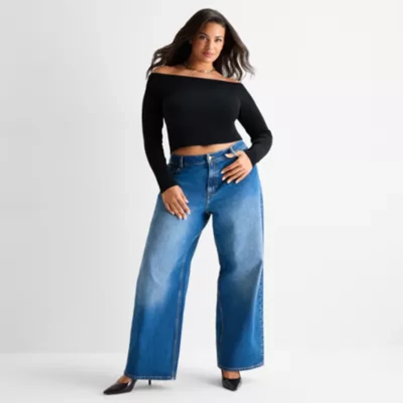 Ashley Graham Womens Plus Off the Shoulder Long Sleeve Top