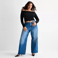 Ashley Graham Womens Plus Off the Shoulder Long Sleeve Top