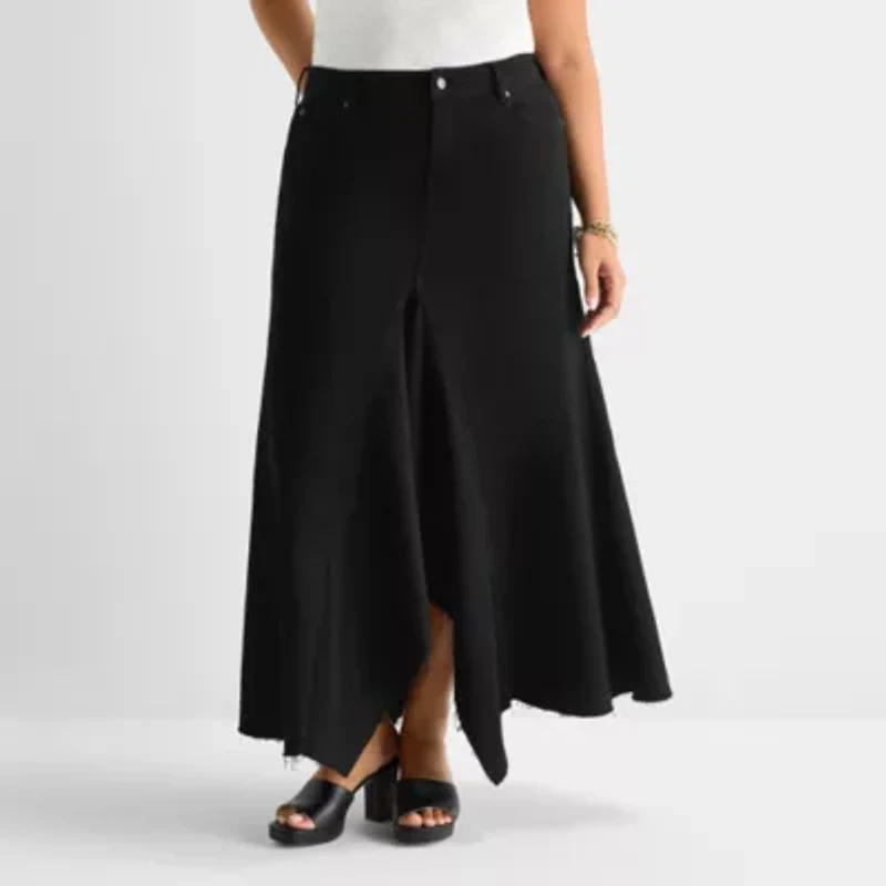 Ashley Graham Womens Plus High Rise Low Denim Skirt