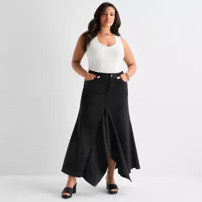 Ashley Graham Womens Plus High Rise Low Denim Skirt