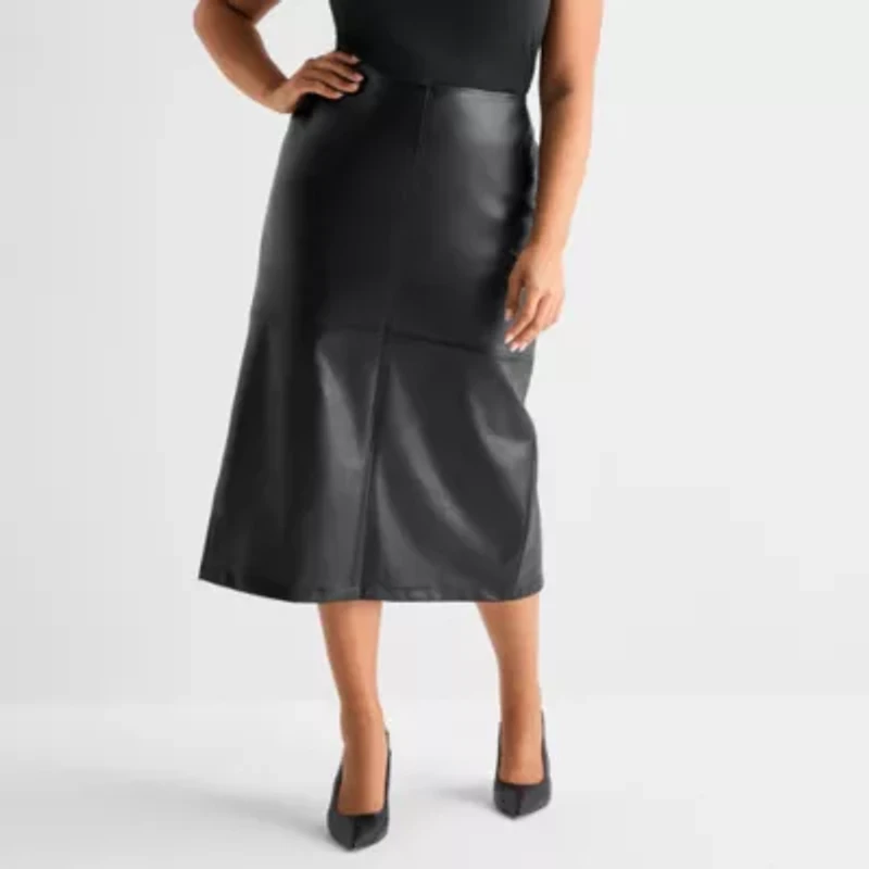 Ashley Graham Womens Plus Long Faux Leather Pencil Skirt