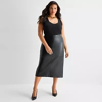 Ashley Graham Womens Plus Long Faux Leather Pencil Skirt