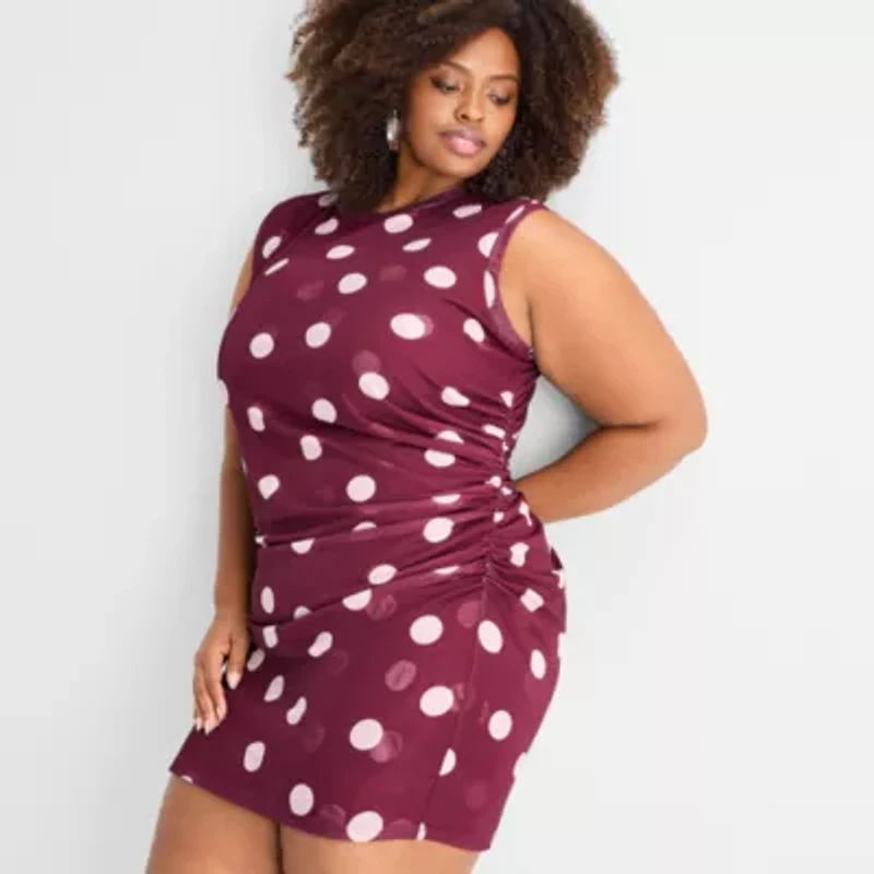 Ashley Graham Womens Plus Sleeveless Dots Bodycon Dress