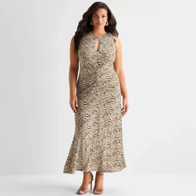 Ashley Graham Womens Plus Sleeveless Animal Maxi Dress