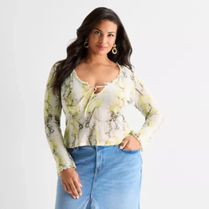 Ashley Graham Womens Plus V Neck Long Sleeve Blouse