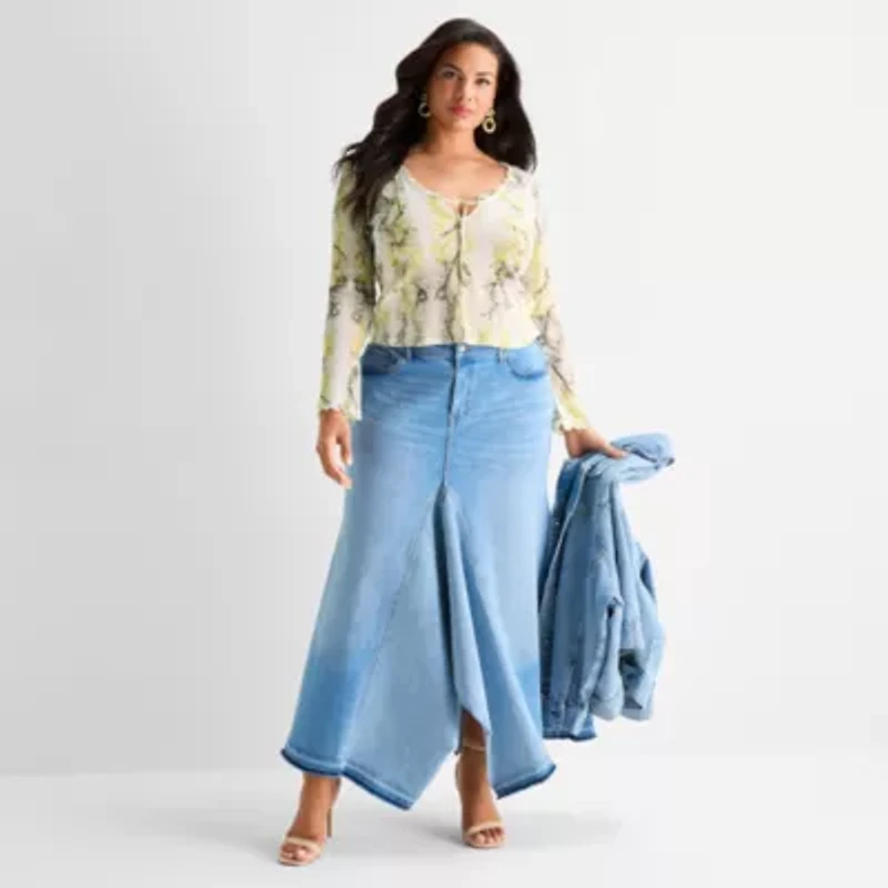 Ashley Graham Womens Plus V Neck Long Sleeve Blouse