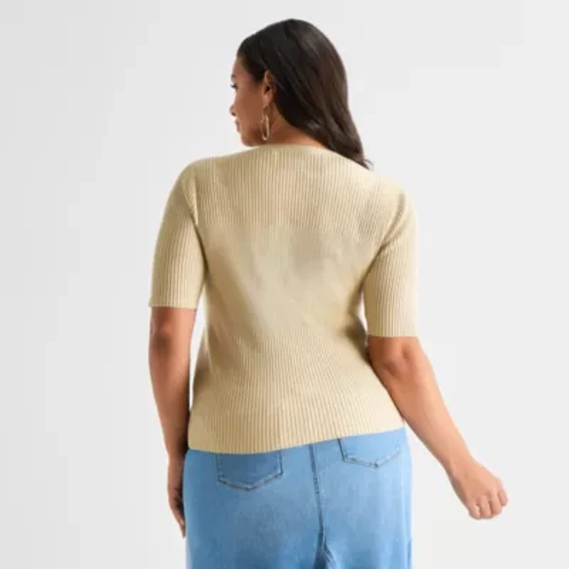 Ashley Graham Plus Womens V Neck Elbow Sleeve Pullover Sweater