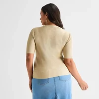 Ashley Graham Plus Womens V Neck Elbow Sleeve Pullover Sweater