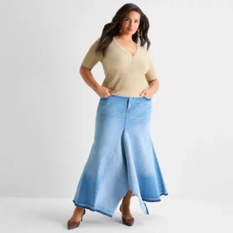 Ashley Graham Plus Womens V Neck Elbow Sleeve Pullover Sweater