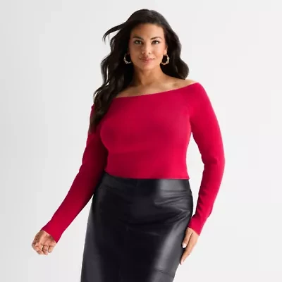 Ashley Graham Womens Plus Off the Shoulder Long Sleeve Top
