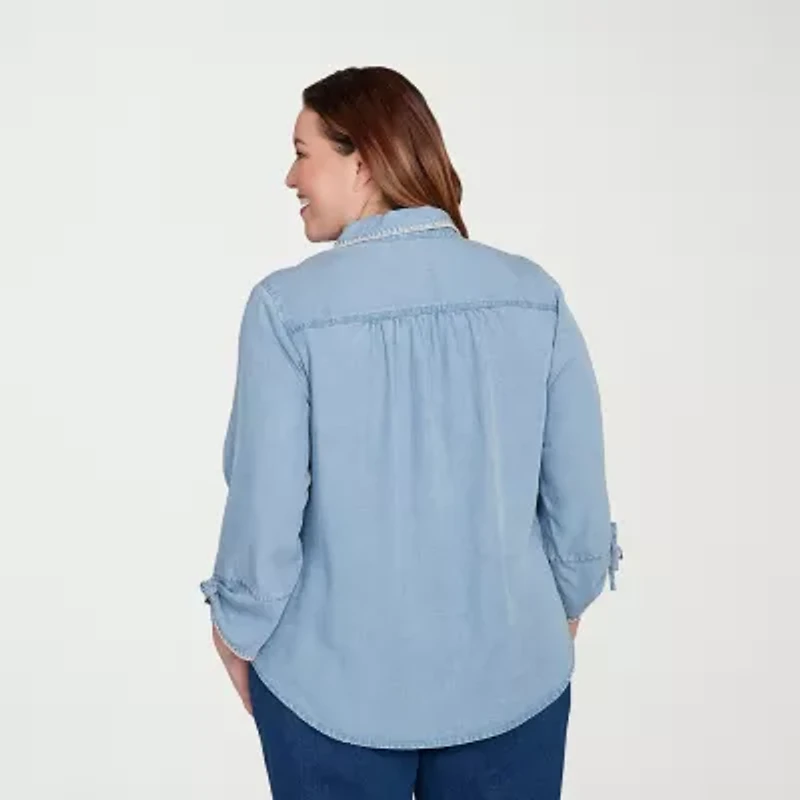 Alfred Dunner Hilton Head Womens Plus 3/4 Sleeve Button-Down Shirt