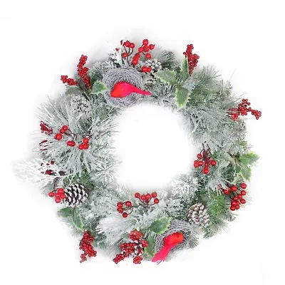 Berries and Red Cardinals in Nests Flocked Artificial Christmas Wreath  24-Inch  Unlit