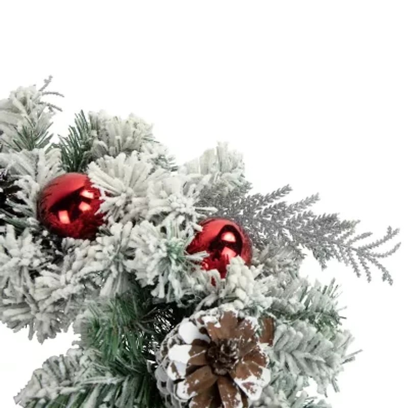 Flocked Pine with Red Ornaments Artificial Christmas Wreath  24-Inch  Unlit