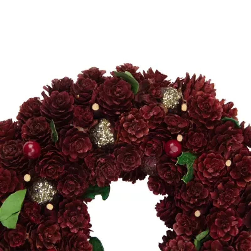 Red and Gold Pine Cone and Ornament Artificial Christmas Wreath  9.5-Inch  Unlit