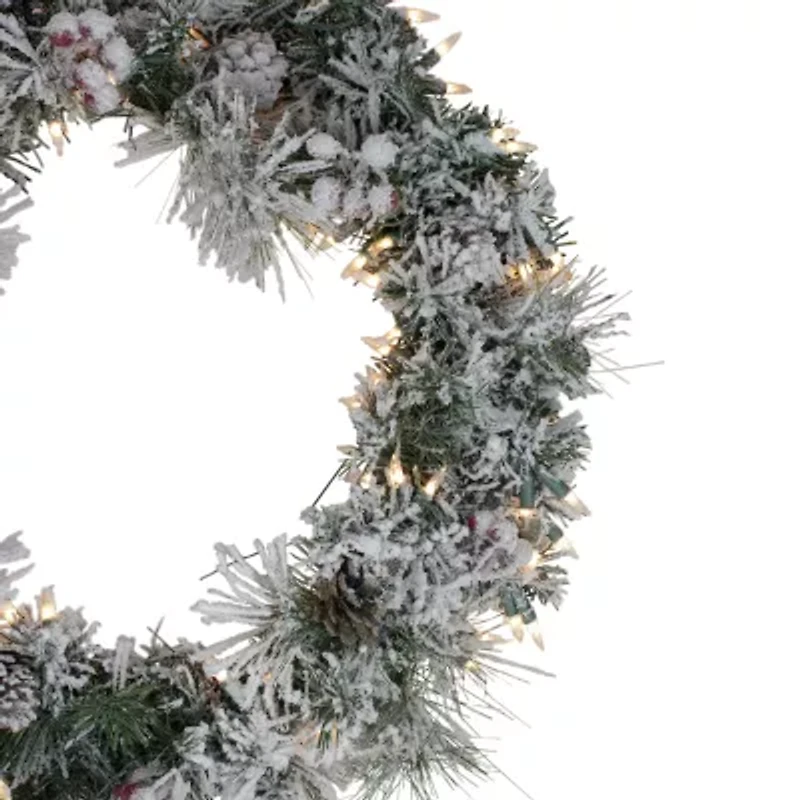 Pre-lit Heavily Flocked Berries and Pine Cones Artificial Christmas Wreath - 24-Inch  Clear Lights