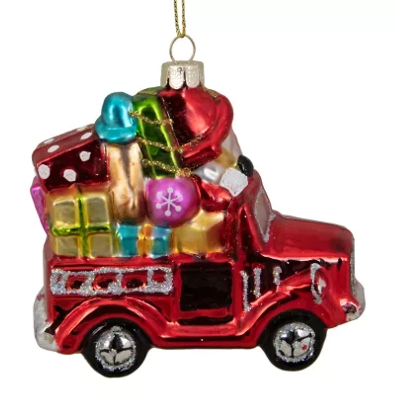 4'' Red Fire Truck with Santa and Presents Glass Christmas Ornament