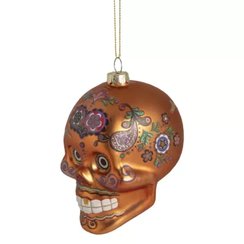 4'' Orange Day of the Dead Glass Skull Halloween Ornament