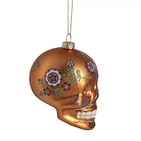 4'' Orange Day of the Dead Glass Skull Halloween Ornament