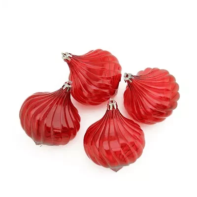 4ct Red Shatterproof Transparent Christmas Onion Drop Ornament Set 4.5'' (110mm)