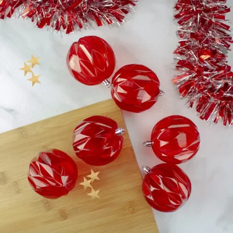 Set of 6 Transparent Red Rhombus Cut Shatterproof Christmas Ball Ornaments 3"