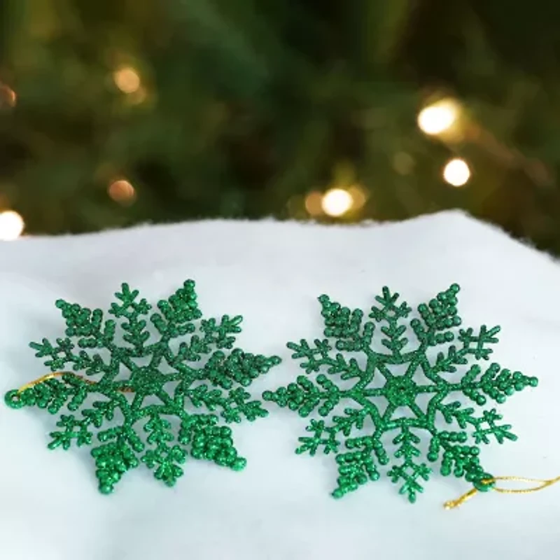 24ct Christmas Green Glitter Snowflake Ornaments 4"