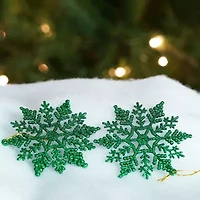 24ct Christmas Green Glitter Snowflake Ornaments 4"