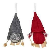 Set of 2 Gray and Red Skiing Santa Gnome Christmas Ornaments 4"
