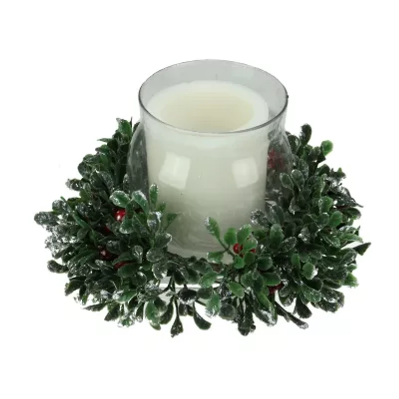 6'' Clear and Green Boxwood with Berry Tipped Christmas Hurricane Pillar Candle Holder