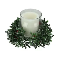 6'' Clear and Green Boxwood with Berry Tipped Christmas Hurricane Pillar Candle Holder