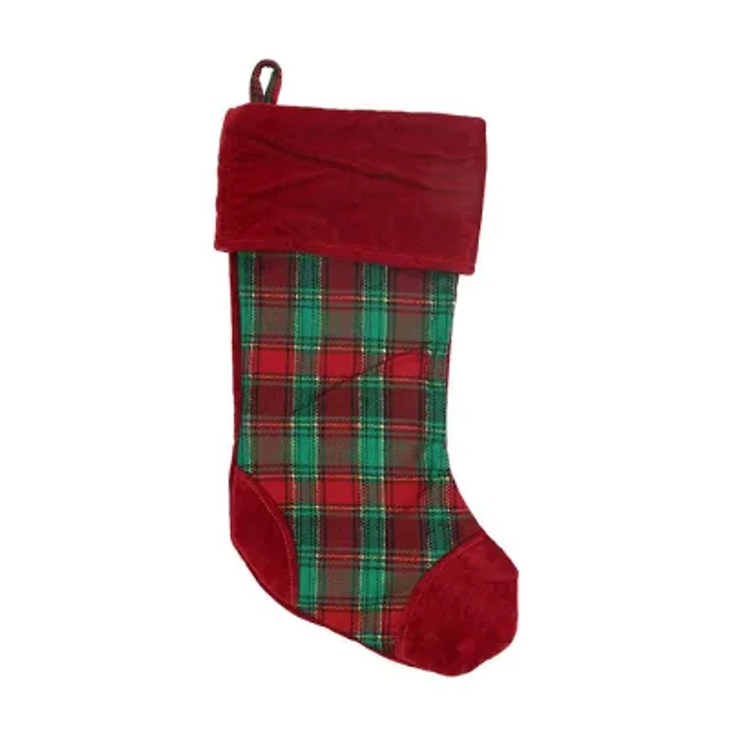19'' Christmas Traditions Red Green and Gold Woven Plaid and Velvet Stocking