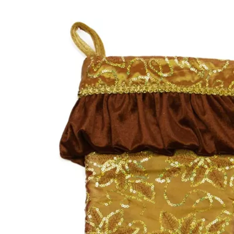 19'' Gold Sequined Floral Venetian Style Ruffle Cuff Christmas Stocking
