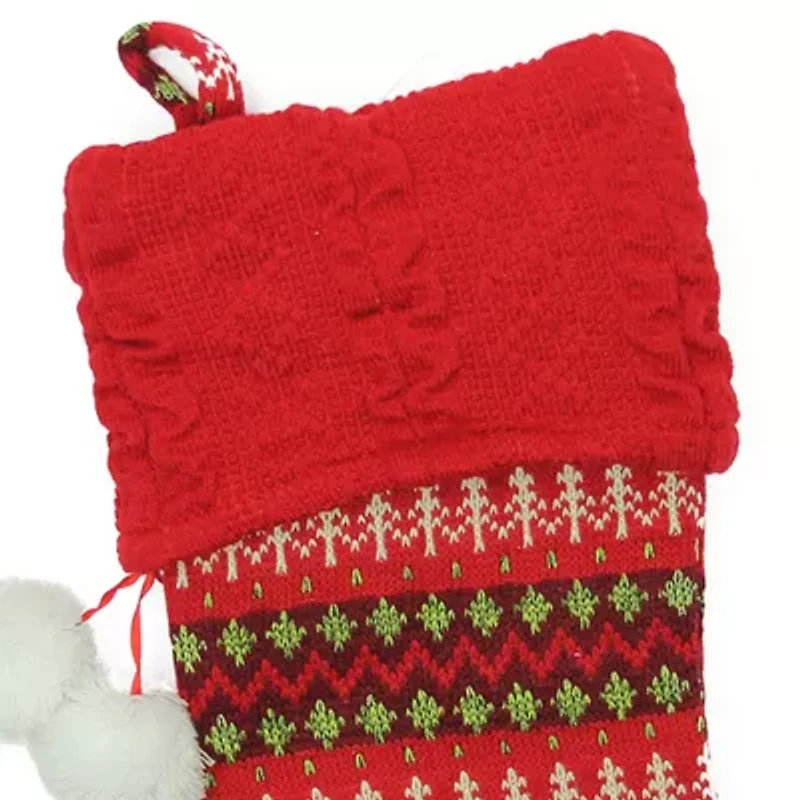 19'' Red and Green Sweater Knit Christmas Stocking with Pom Poms