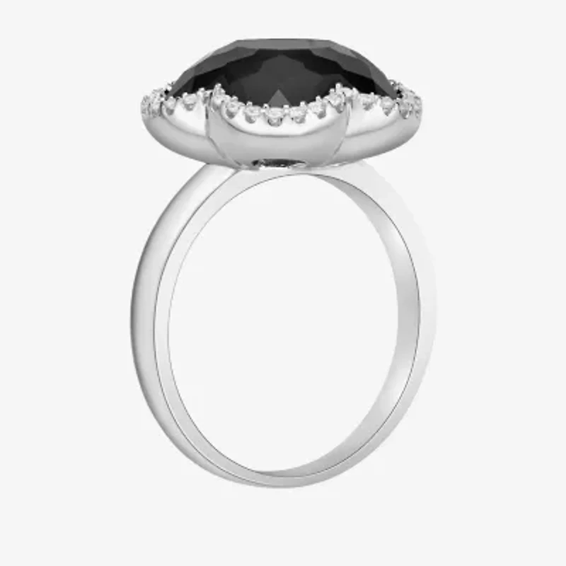 Womens Genuine Black Onyx Sterling Silver Flower Cocktail Ring