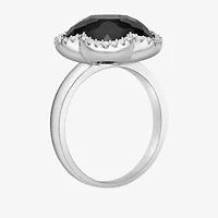 Womens Genuine Black Onyx Sterling Silver Flower Cocktail Ring