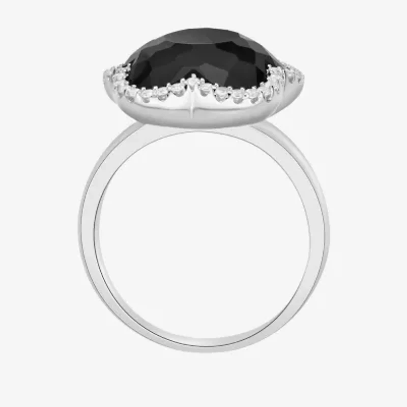Womens Genuine Black Onyx Sterling Silver Flower Cocktail Ring