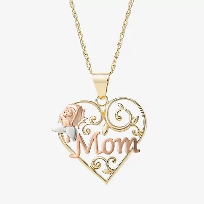 "Mom" Womens 10K Tri-Color Gold Heart 18 Inch Pendant Necklace